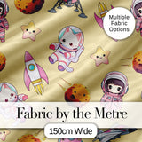 Cat Astronaut Girl Rockets Stars Space Seamless  Beige Background Digital Print Fabric by the Metre UK Sewing Quilting Textile