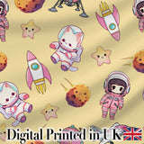 Cat Astronaut Girl Rockets Stars Space Seamless  Beige Background Digital Print Fabric by the Metre UK Sewing Quilting Textile