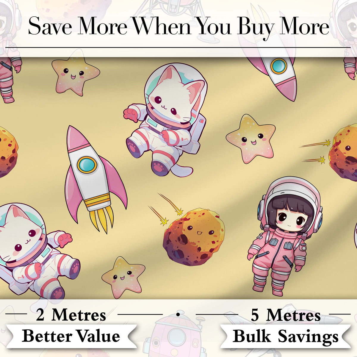 Cat Astronaut Girl Rockets Stars Space Seamless  Beige Background Digital Print Fabric by the Metre UK Sewing Quilting Textile
