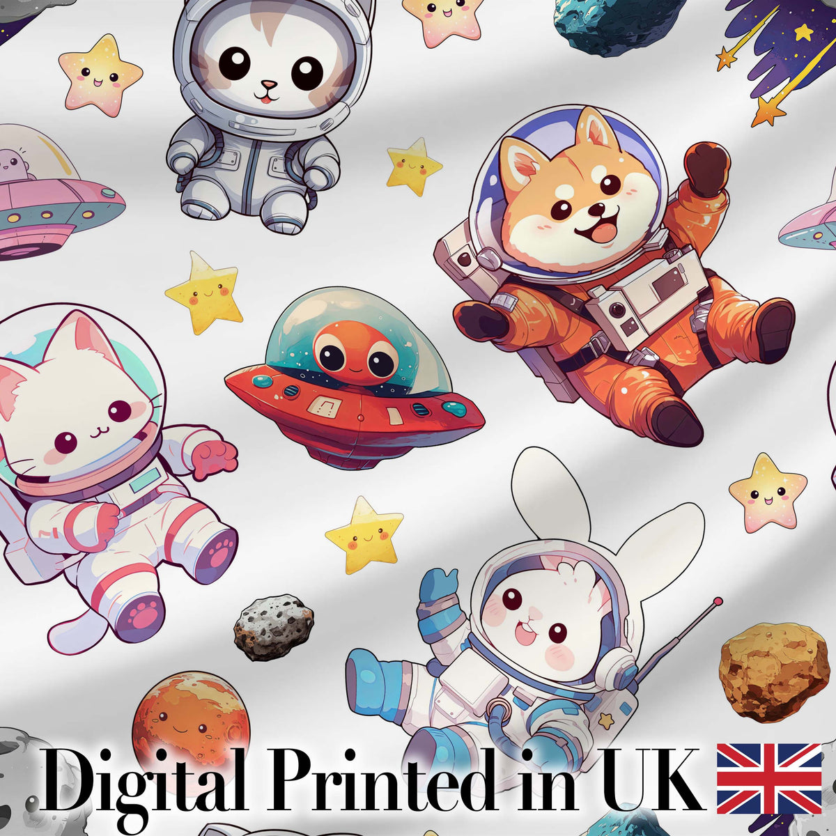 Space Animals Astronaut Dog Bunny UFO Stars Planets Seamless  White Background Digital Print Fabric by the Metre UK Sewing Quilting Textile