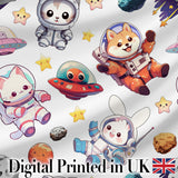 Space Animals Astronaut Dog Bunny UFO Stars Planets Seamless  White Background Digital Print Fabric by the Metre UK Sewing Quilting Textile