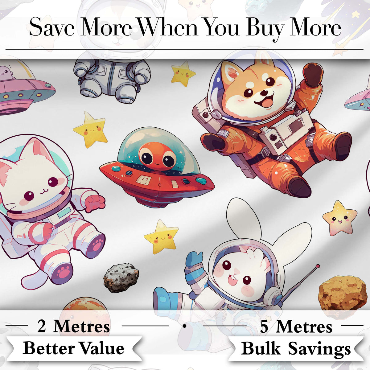 Space Animals Astronaut Dog Bunny UFO Stars Planets Seamless  White Background Digital Print Fabric by the Metre UK Sewing Quilting Textile