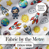 Kids Astronaut Rockets Sun Earth Clouds Space Seamless  White Background Digital Print Fabric by the Metre UK Sewing Quilting Textile