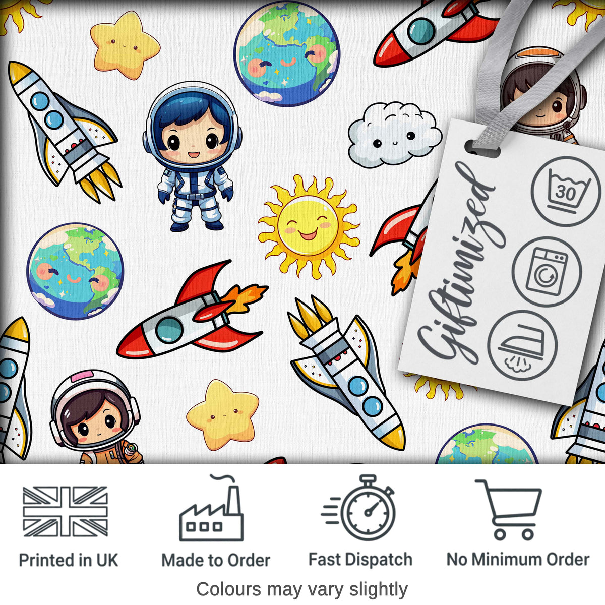 Kids Astronaut Rockets Sun Earth Clouds Space Seamless  White Background Digital Print Fabric by the Metre UK Sewing Quilting Textile