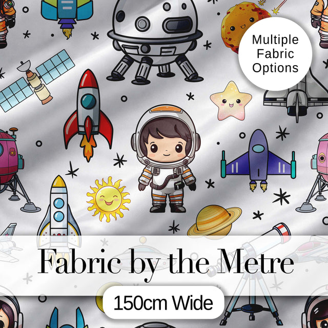 Astronaut Rockets Satellites UFO Space Seamless  White Background Digital Print Fabric by the Metre UK Sewing Quilting Textile
