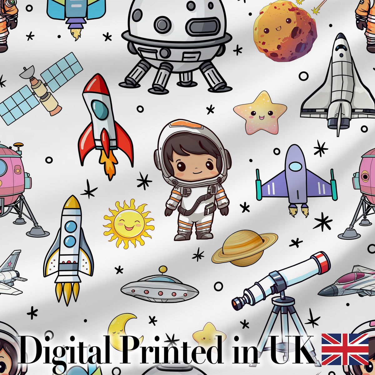 Astronaut Rockets Satellites UFO Space Seamless  White Background Digital Print Fabric by the Metre UK Sewing Quilting Textile