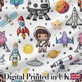 Astronaut Rockets Satellites UFO Space Seamless  White Background Digital Print Fabric by the Metre UK Sewing Quilting Textile