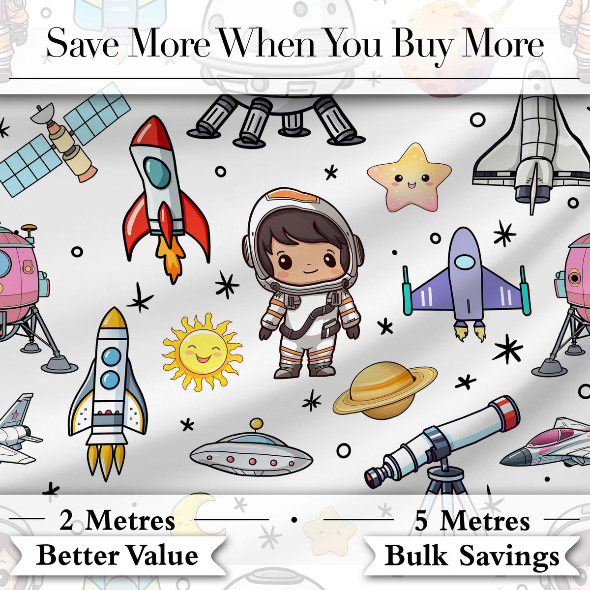 Astronaut Rockets Satellites UFO Space Seamless  White Background Digital Print Fabric by the Metre UK Sewing Quilting Textile