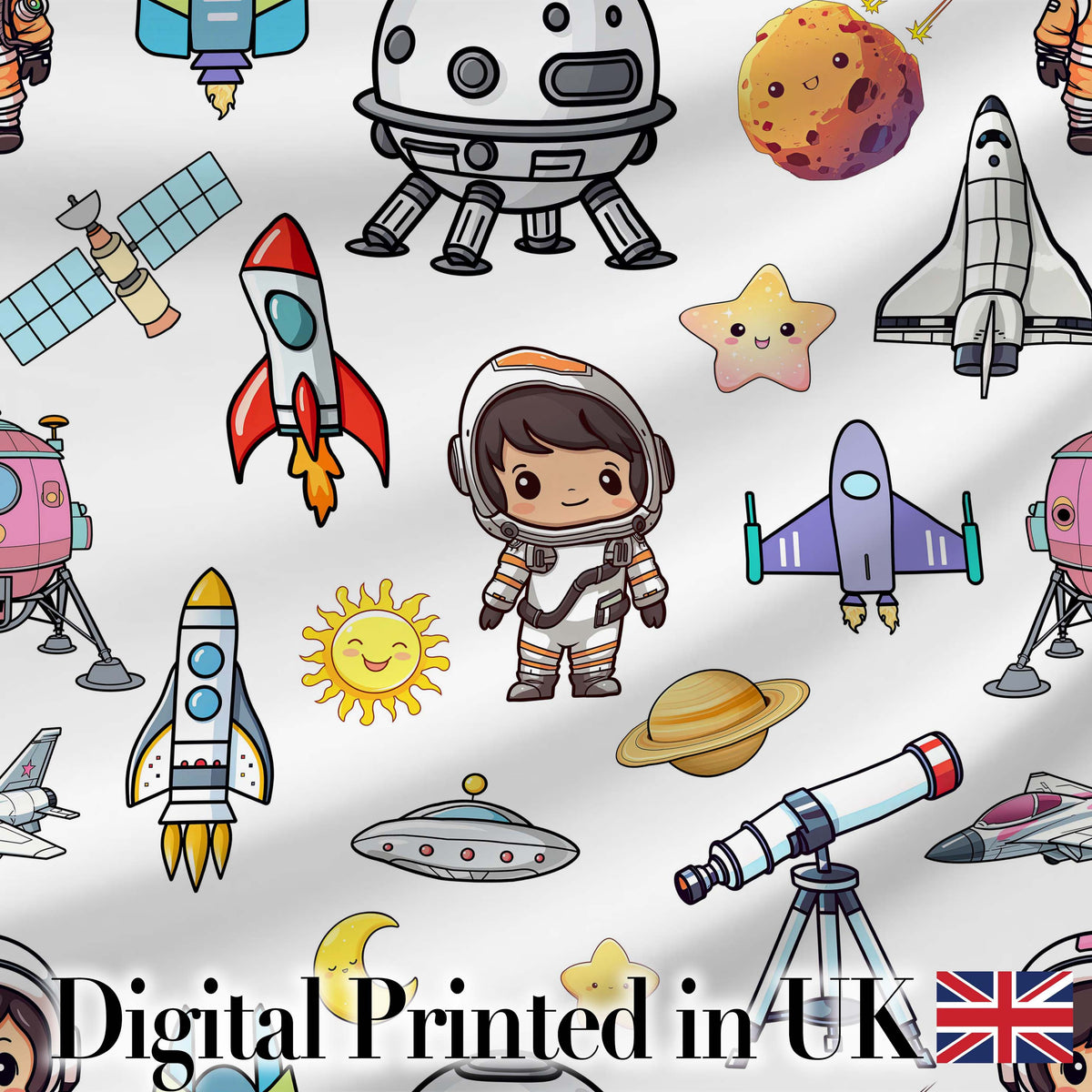 Astronaut Rockets Satellites UFO Space Seamless  Clean Background Digital Print Fabric by the Metre UK Sewing Quilting Textile