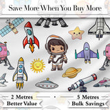 Astronaut Rockets Satellites UFO Space Seamless  Clean Background Digital Print Fabric by the Metre UK Sewing Quilting Textile
