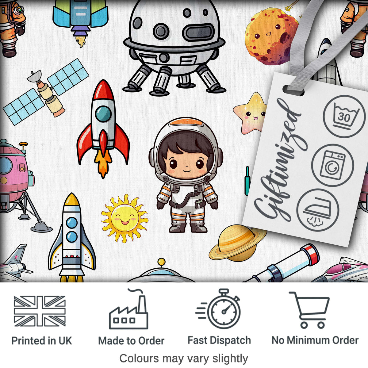 Astronaut Rockets Satellites UFO Space Seamless  Clean Background Digital Print Fabric by the Metre UK Sewing Quilting Textile
