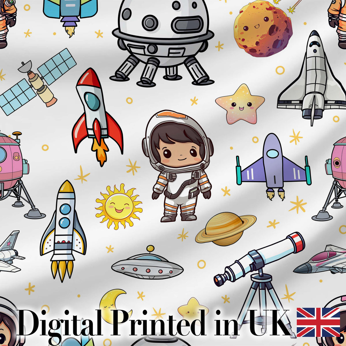Astronaut Rockets Satellites UFO Space Seamless  Starry Background Digital Print Fabric by the Metre UK Sewing Quilting Textile