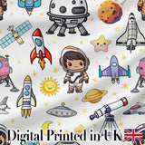 Astronaut Rockets Satellites UFO Space Seamless  Starry Background Digital Print Fabric by the Metre UK Sewing Quilting Textile