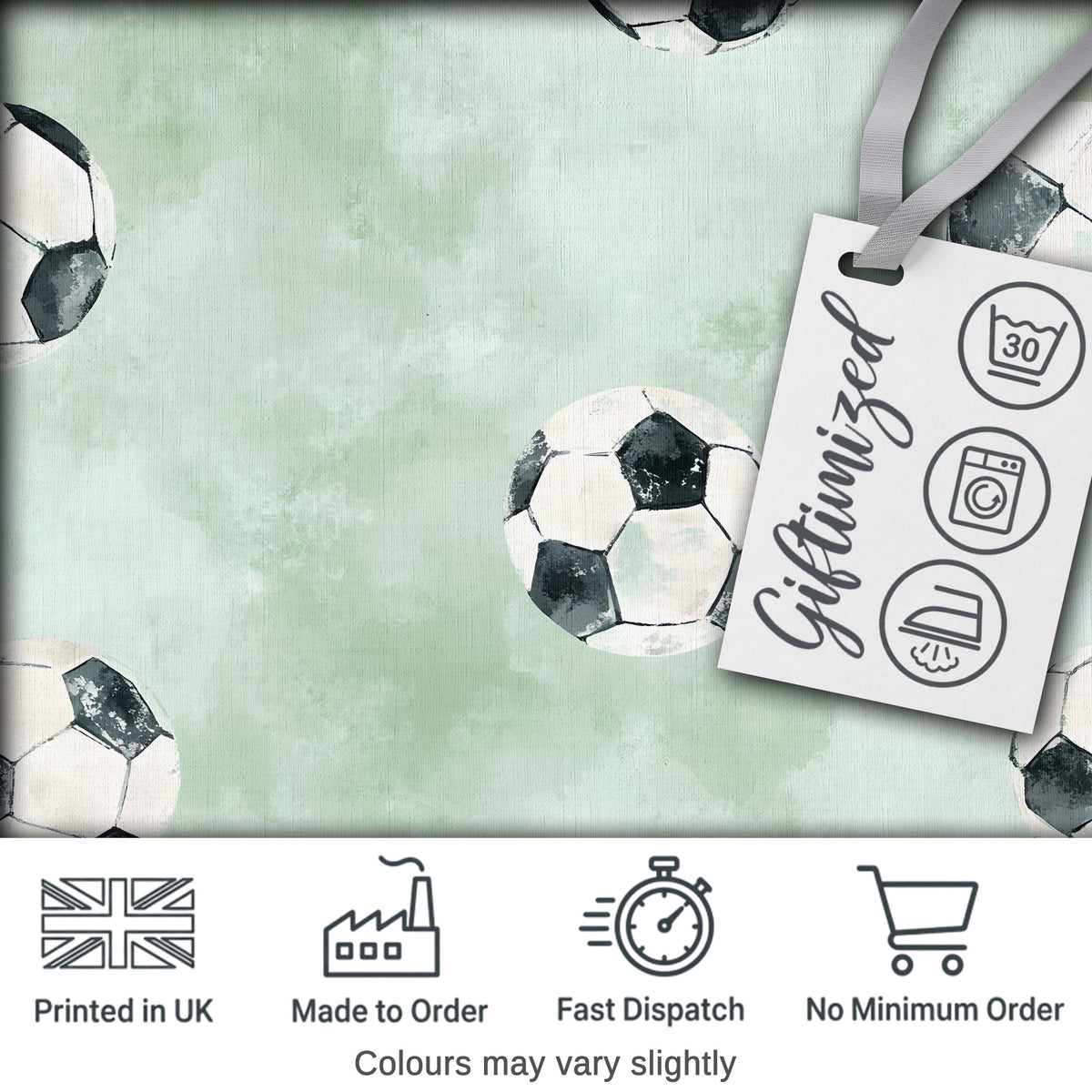 Watercolor Soccer Balls on Soft Green Background Seamless Pattern Digital Print Fabric by the Metre UK Sewing Quilting Textile