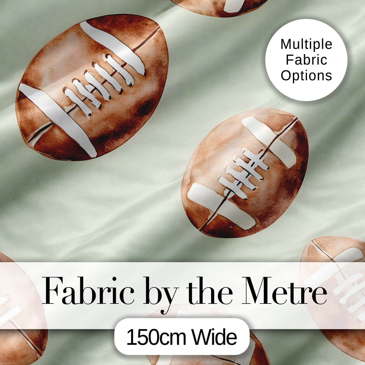 Watercolor American Football Balls on Soft Green Background Seamless Pattern Digital Print Fabric by the Metre UK Sewing Quilting Textile