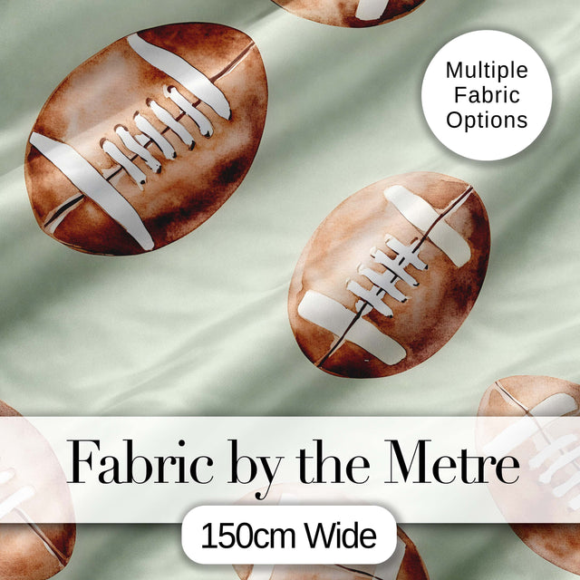Watercolor American Football Balls on Soft Green Background Seamless Pattern Digital Print Fabric by the Metre UK Sewing Quilting Textile
