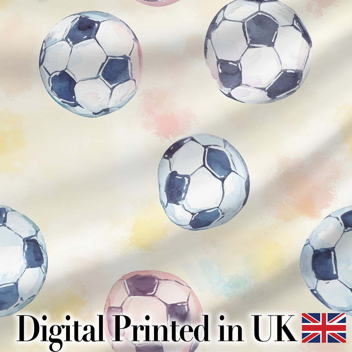 Watercolor Soccer Balls on Soft Pastel Background Seamless Pattern Digital Print Fabric by the Metre UK Sewing Quilting Textile