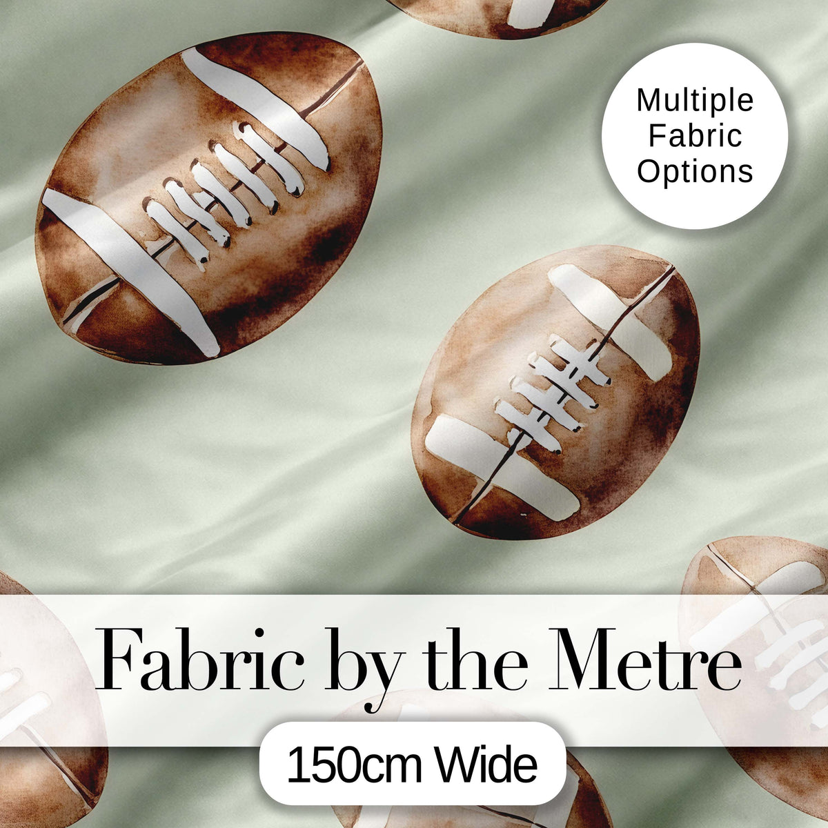 Watercolor American Football Balls on Soft Green Background Seamless Pattern Digital Print Fabric by the Metre UK Sewing Quilting Textile
