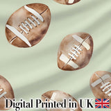 Watercolor American Football Balls on Soft Green Background Seamless Pattern Digital Print Fabric by the Metre UK Sewing Quilting Textile