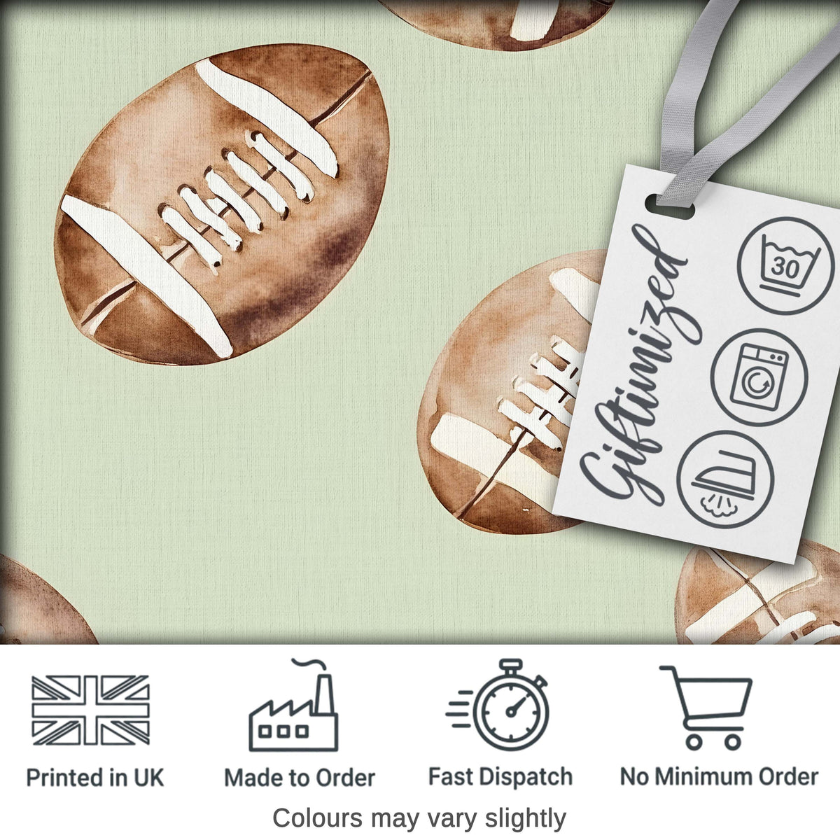 Watercolor American Football Balls on Soft Green Background Seamless Pattern Digital Print Fabric by the Metre UK Sewing Quilting Textile