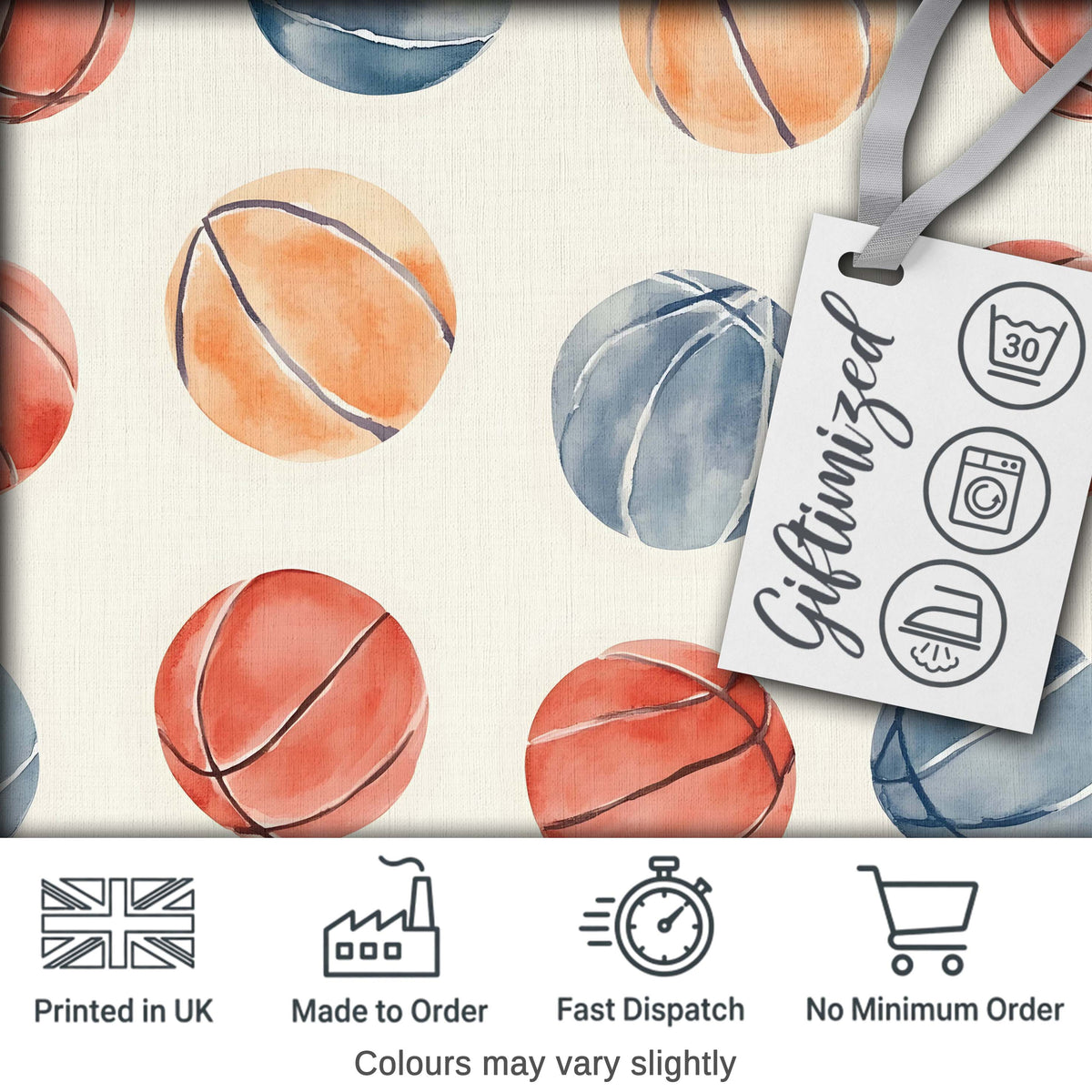 Watercolor Basketball Balls on Neutral Background Seamless Pattern Digital Print Fabric by the Metre UK Sewing Quilting Textile