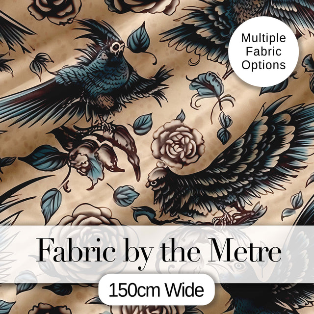 Elegant Birds Roses Vintage Art Seamless Pattern Digital Print Fabric by the Metre UK Sewing Quilting Textile