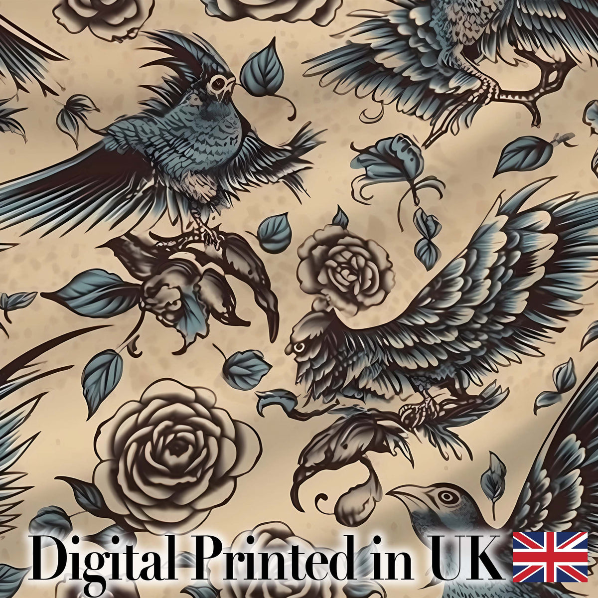 Elegant Birds Roses Vintage Art Seamless Pattern Digital Print Fabric by the Metre UK Sewing Quilting Textile