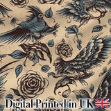 Elegant Birds Roses Vintage Art Seamless Pattern Digital Print Fabric by the Metre UK Sewing Quilting Textile