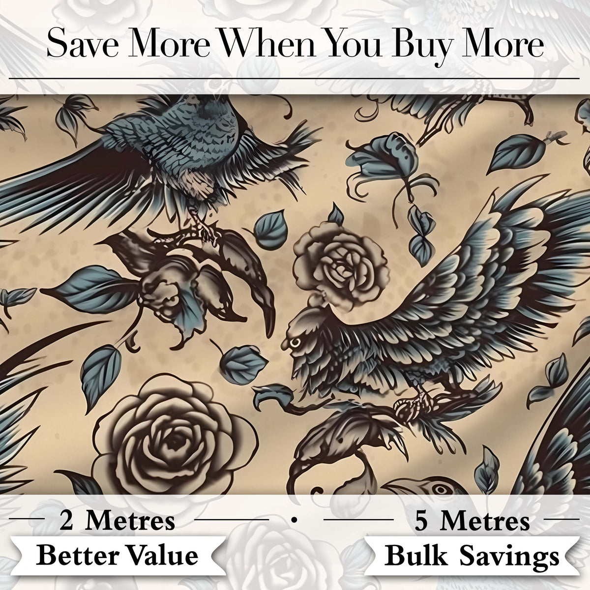 Elegant Birds Roses Vintage Art Seamless Pattern Digital Print Fabric by the Metre UK Sewing Quilting Textile