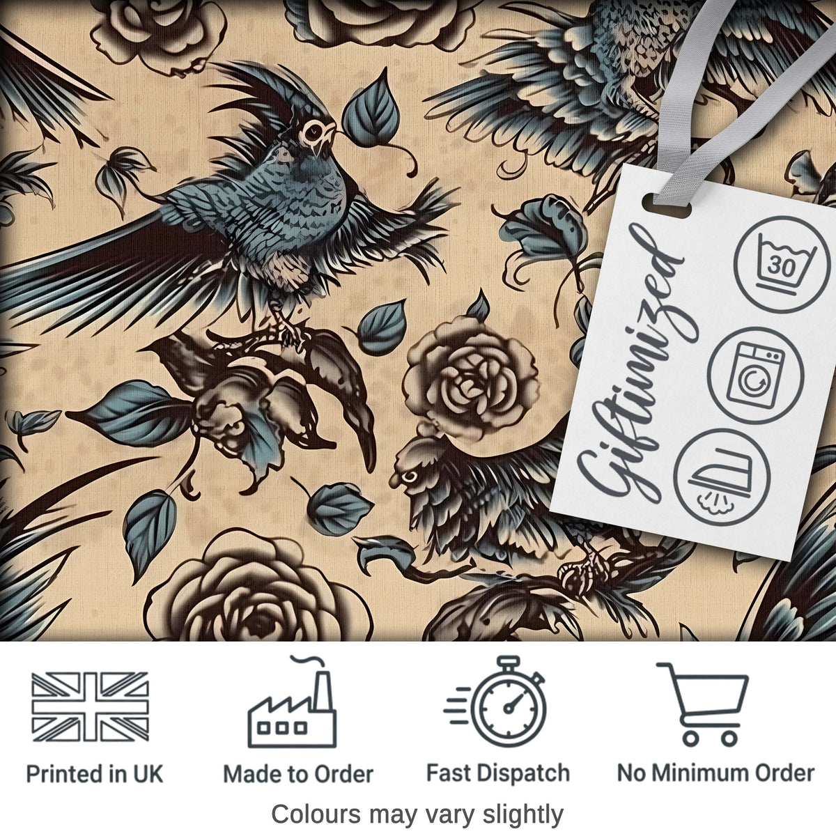 Elegant Birds Roses Vintage Art Seamless Pattern Digital Print Fabric by the Metre UK Sewing Quilting Textile