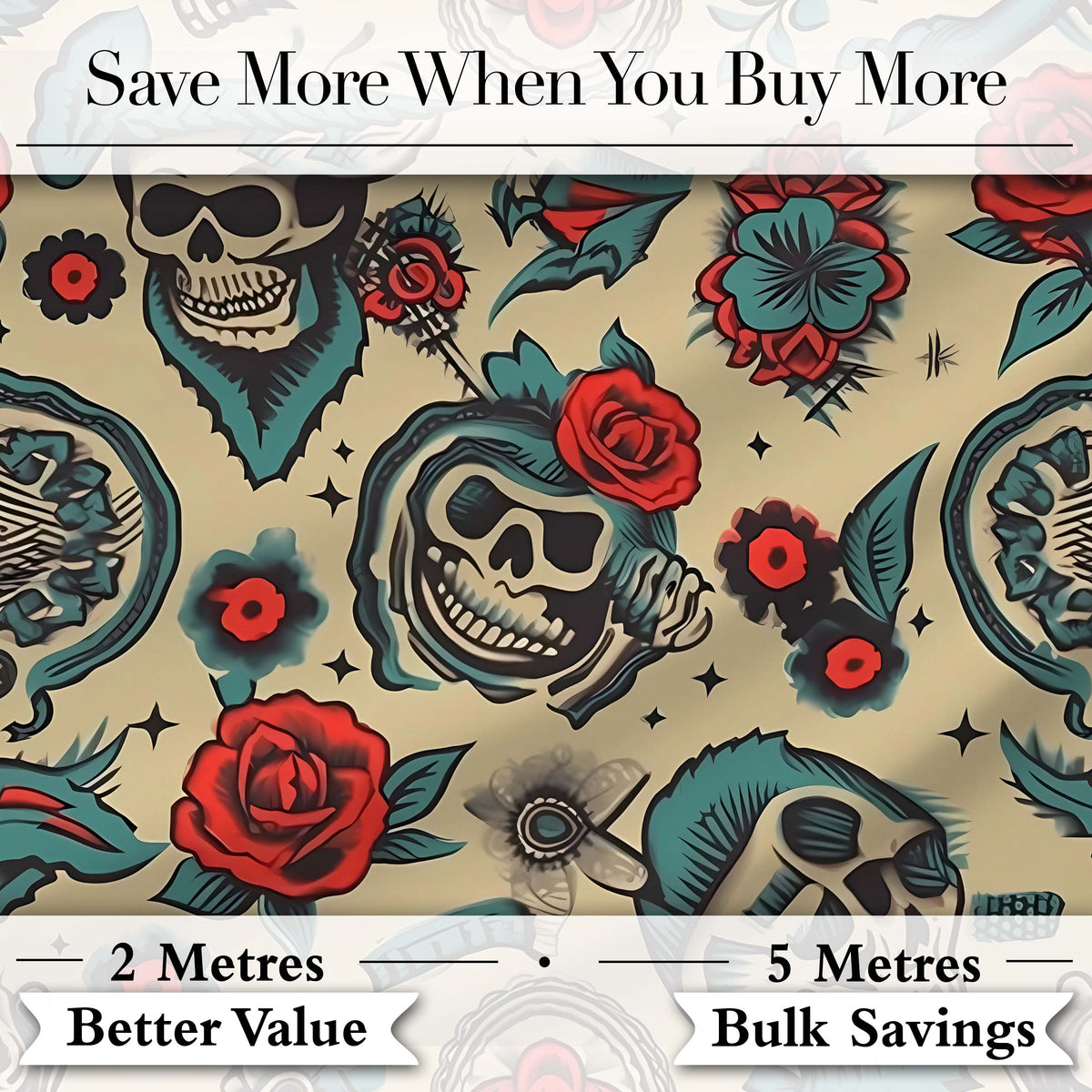 Bold Skull Roses Tattoo Art Seamless Pattern Digital Print Fabric by the Metre UK Sewing Quilting Textile