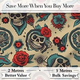 Bold Skull Roses Tattoo Art Seamless Pattern Digital Print Fabric by the Metre UK Sewing Quilting Textile