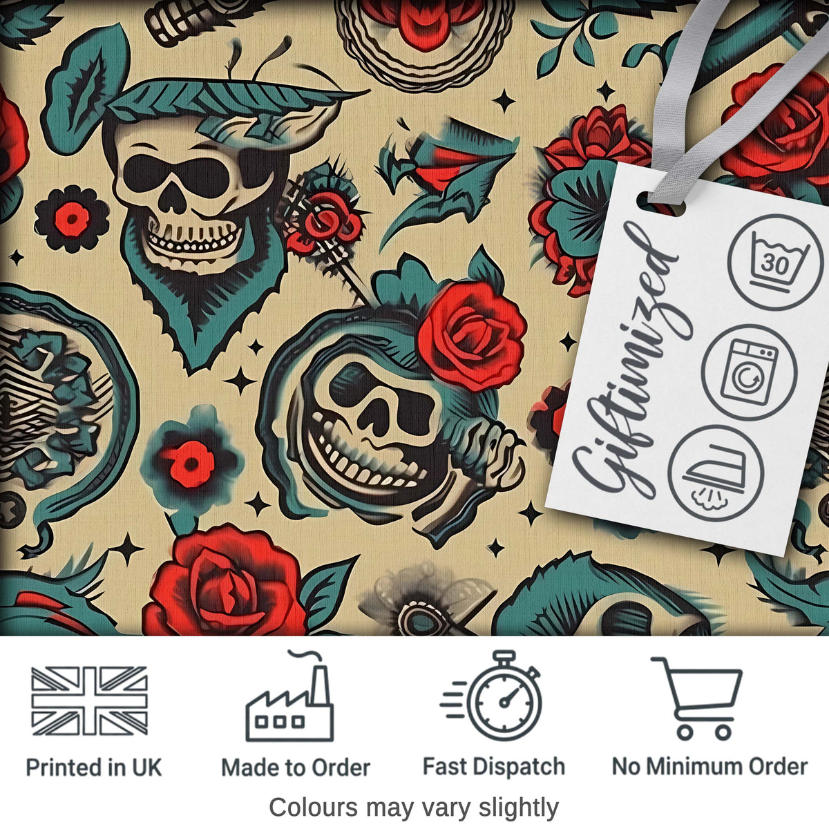 Bold Skull Roses Tattoo Art Seamless Pattern Digital Print Fabric by the Metre UK Sewing Quilting Textile