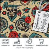 Bold Skull Roses Tattoo Art Seamless Pattern Digital Print Fabric by the Metre UK Sewing Quilting Textile
