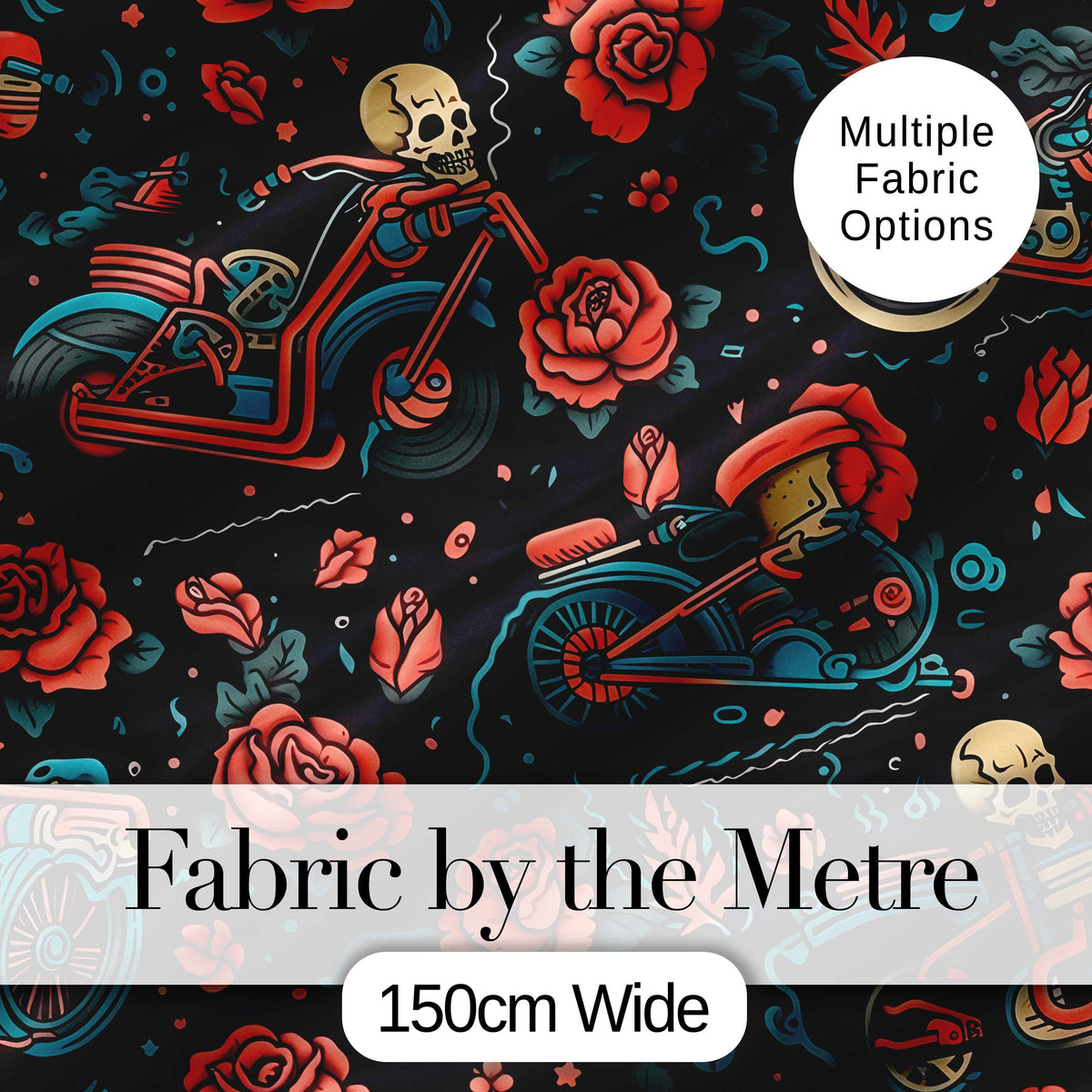 Skeleton Biker Roses Vintage Tattoo Seamless Pattern Digital Print Fabric by the Metre UK Sewing Quilting Textile