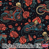 Skeleton Biker Roses Vintage Tattoo Seamless Pattern Digital Print Fabric by the Metre UK Sewing Quilting Textile