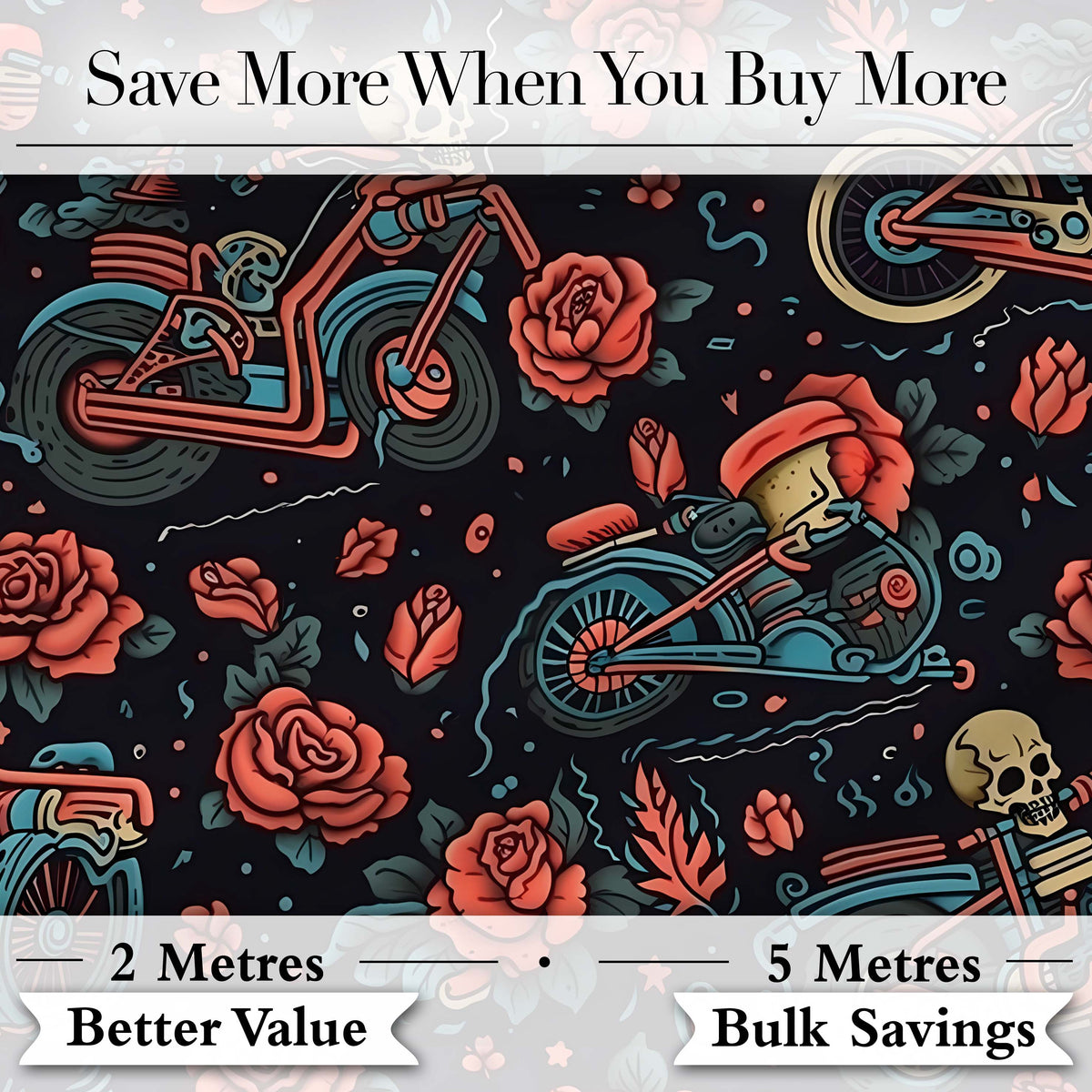 Skeleton Biker Roses Vintage Tattoo Seamless Pattern Digital Print Fabric by the Metre UK Sewing Quilting Textile