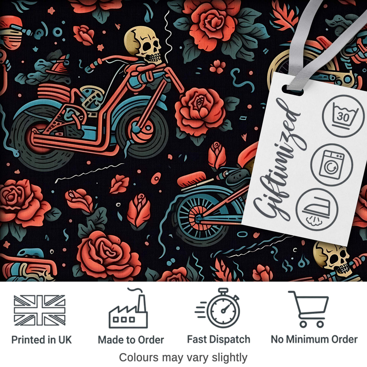 Skeleton Biker Roses Vintage Tattoo Seamless Pattern Digital Print Fabric by the Metre UK Sewing Quilting Textile