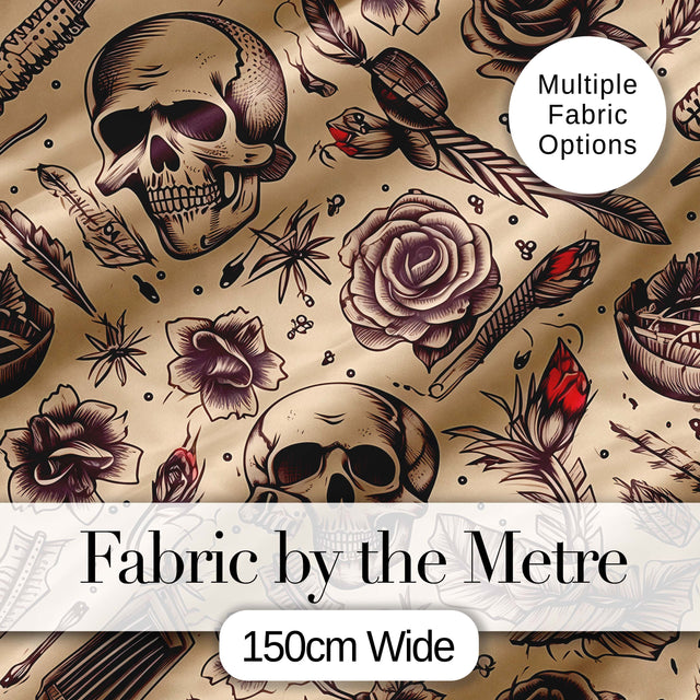 Vintage Skull Roses Feather Tattoo Seamless Pattern Digital Print Fabric by the Metre UK Sewing Quilting Textile