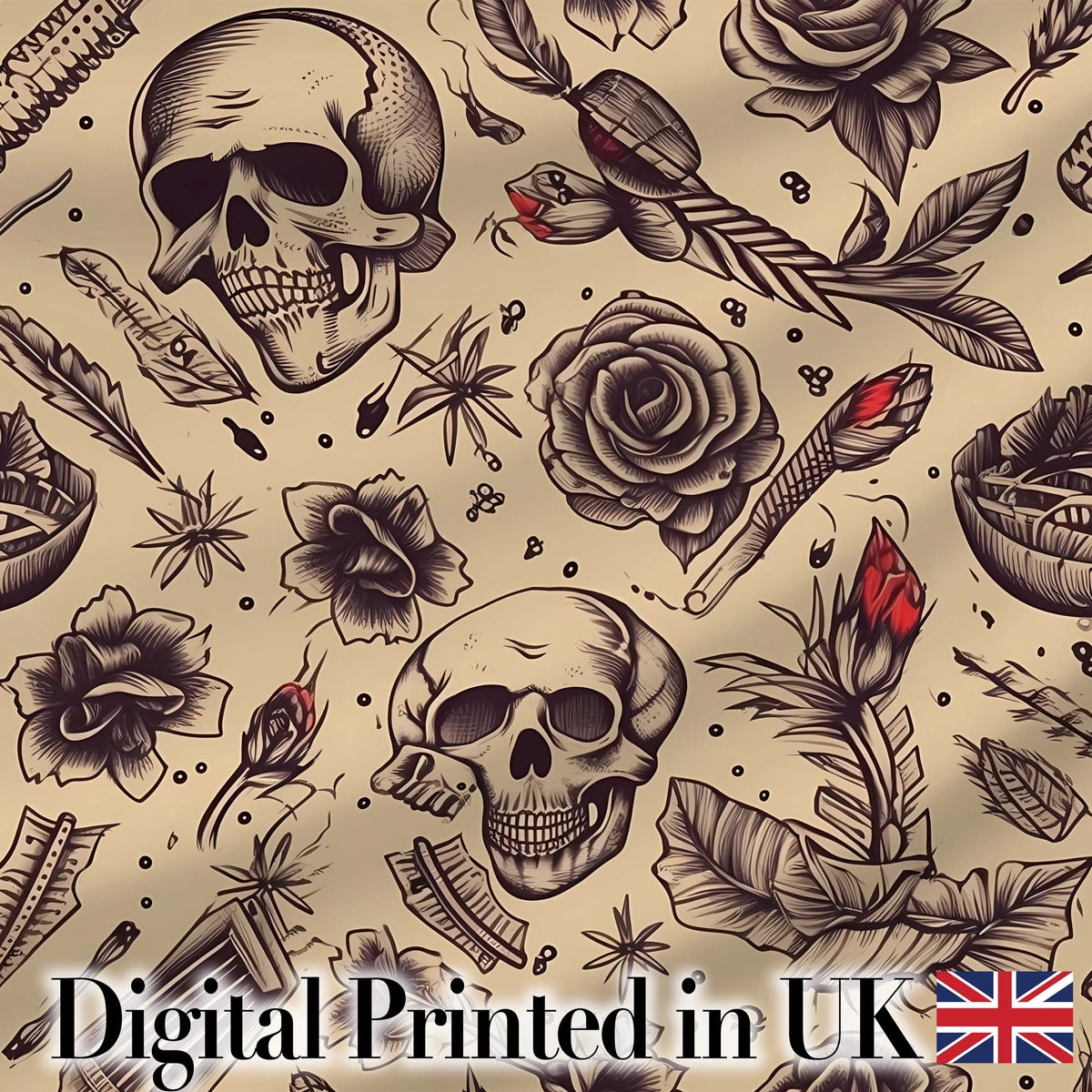 Vintage Skull Roses Feather Tattoo Seamless Pattern Digital Print Fabric by the Metre UK Sewing Quilting Textile