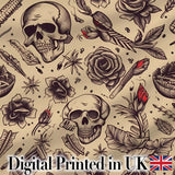 Vintage Skull Roses Feather Tattoo Seamless Pattern Digital Print Fabric by the Metre UK Sewing Quilting Textile