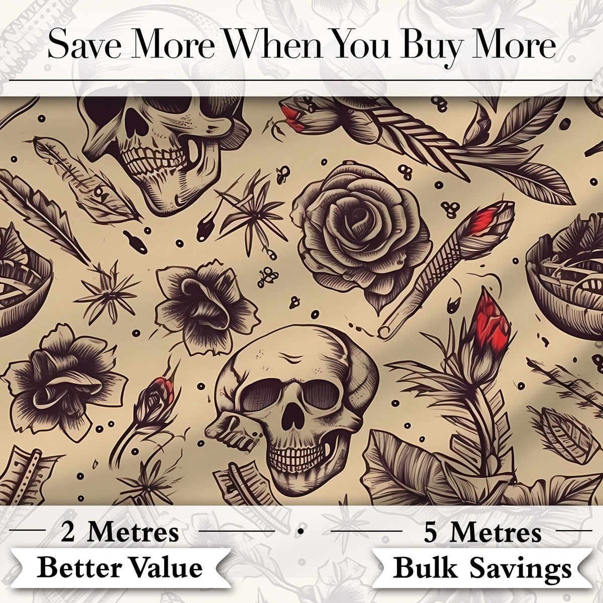 Vintage Skull Roses Feather Tattoo Seamless Pattern Digital Print Fabric by the Metre UK Sewing Quilting Textile