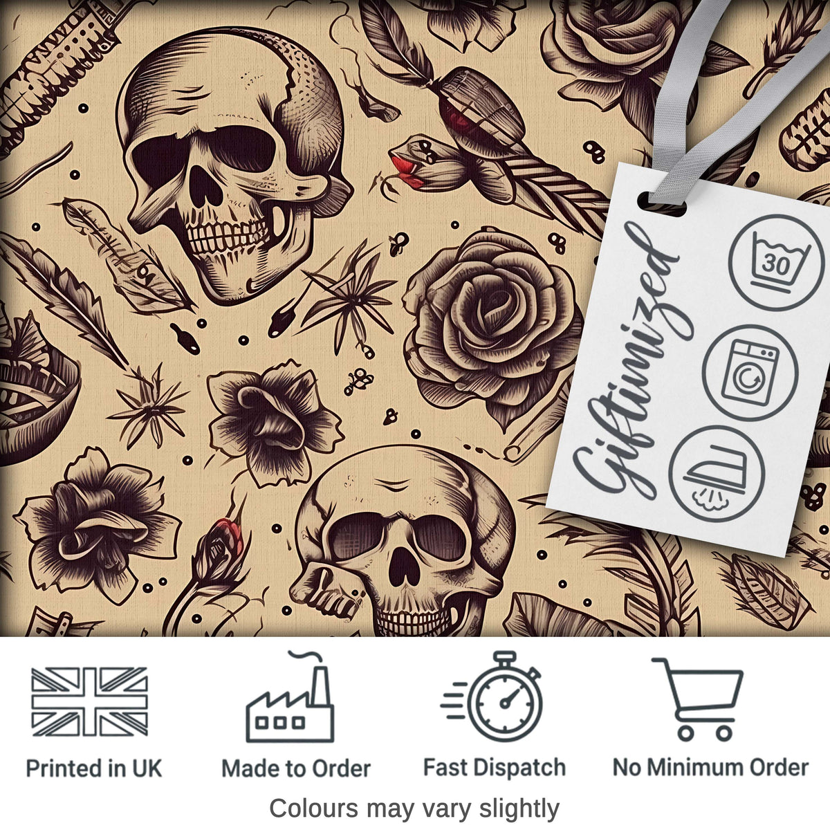 Vintage Skull Roses Feather Tattoo Seamless Pattern Digital Print Fabric by the Metre UK Sewing Quilting Textile