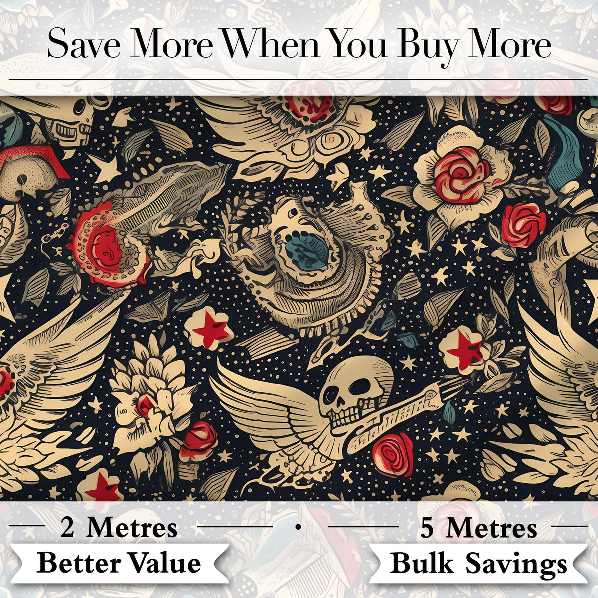 Mystic Skull Wings Stars Floral Seamless Pattern Digital Print Fabric by the Metre UK Sewing Quilting Textile