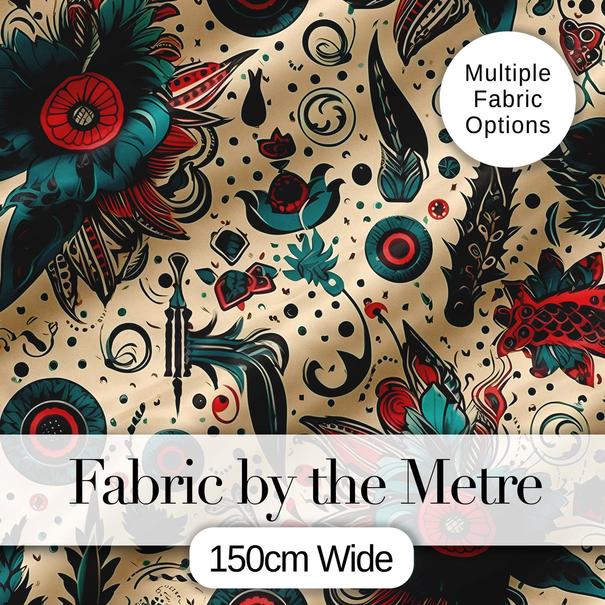Abstract Floral Folk Art Tattoo Seamless Pattern Digital Print Fabric by the Metre UK Sewing Quilting Textile