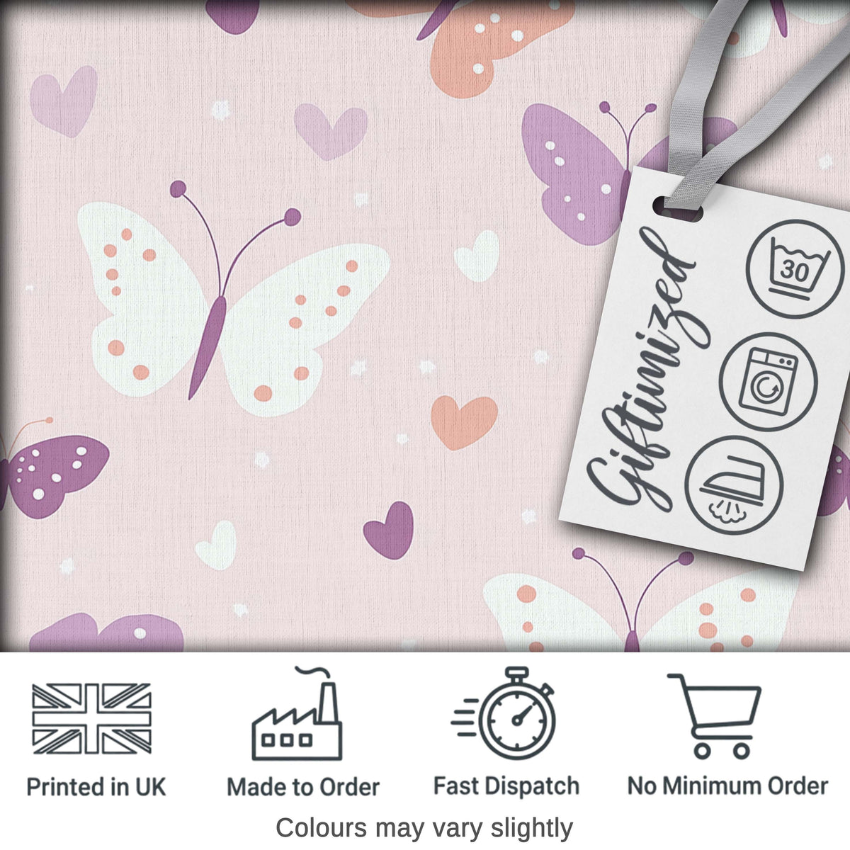Cute Pastel Butterfly Hearts Seamless Pattern Digital Print Fabric by the Metre UK Sewing Quilting Textile