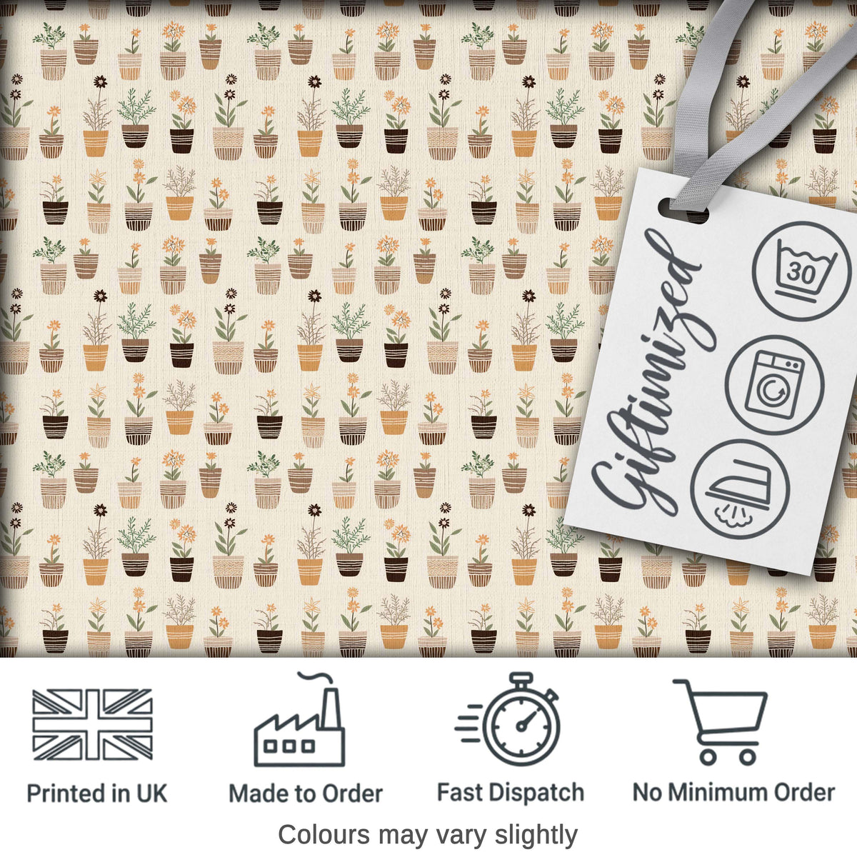 Minimal Plant Pots Neutral Botanical Seamless Pattern Digital Print Fabric by the Metre UK Sewing Quilting Textile