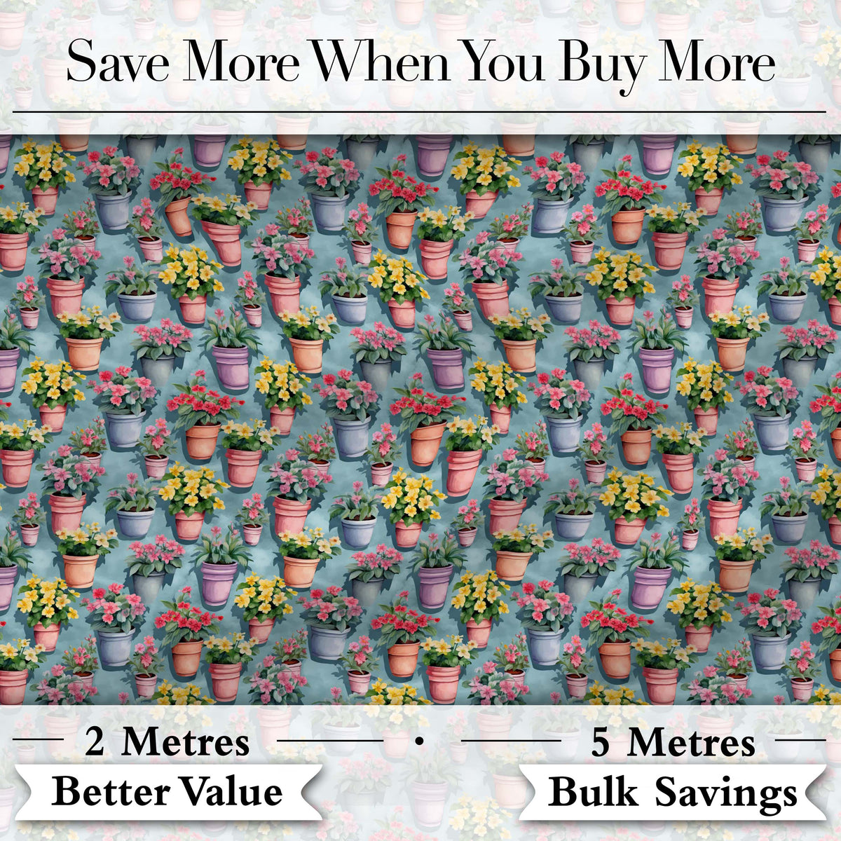 Colorful Flower Pots Garden Bloom Seamless Pattern Digital Print Fabric by the Metre UK Sewing Quilting Textile