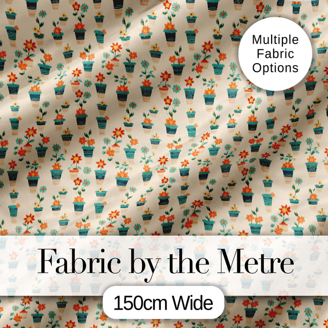 Retro Floral Pots Orange Blue Seamless Pattern Digital Print Fabric by the Metre UK Sewing Quilting Textile