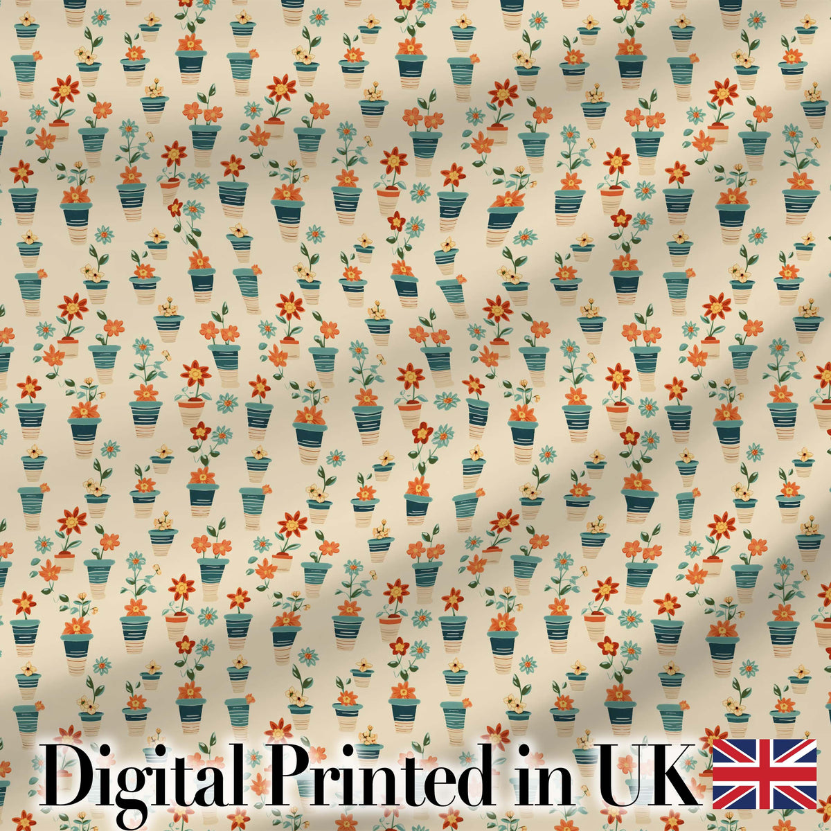 Retro Floral Pots Orange Blue Seamless Pattern Digital Print Fabric by the Metre UK Sewing Quilting Textile
